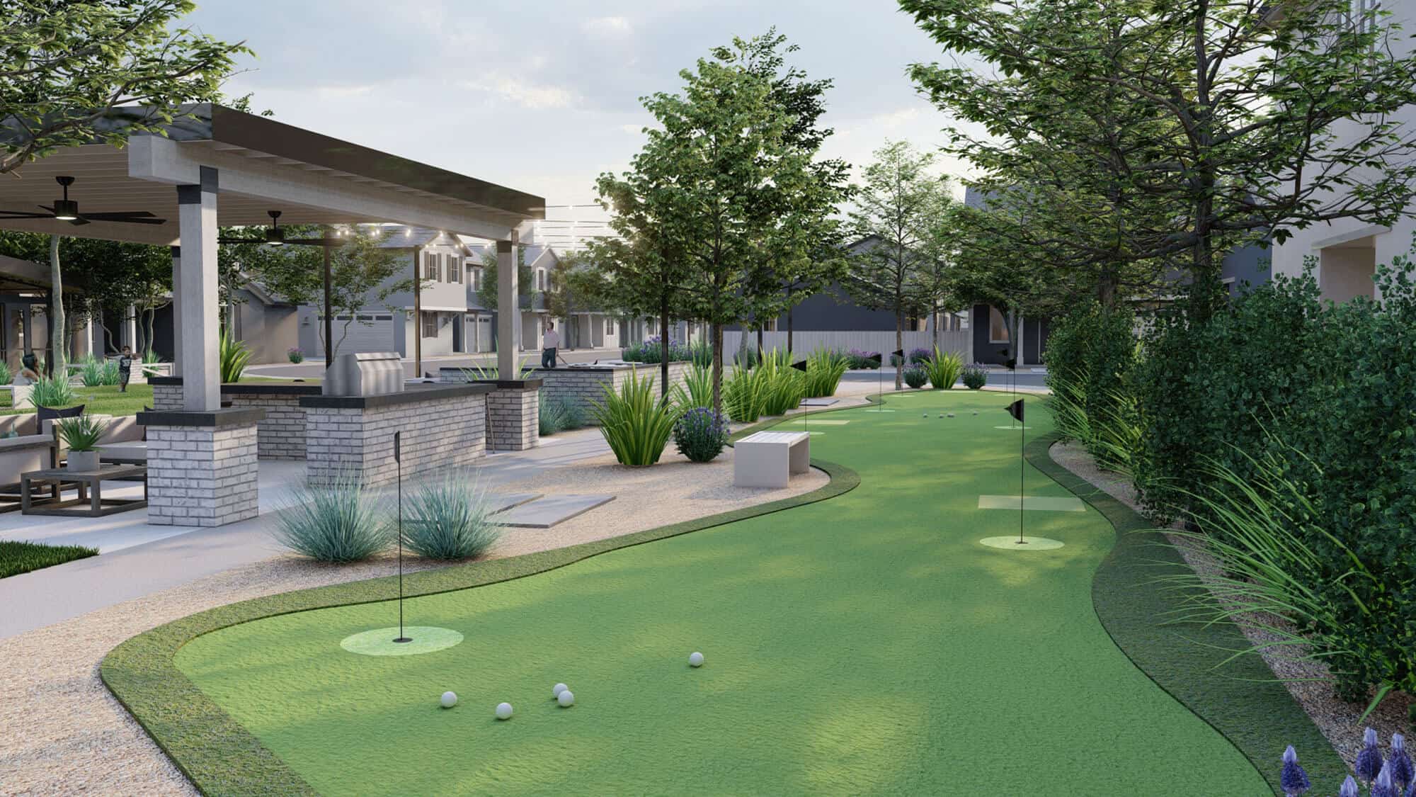 Rendering of a small outdoor golf putting area